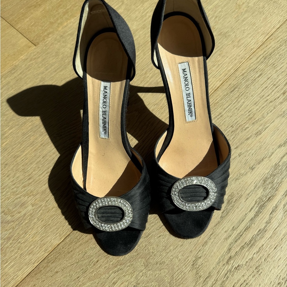 Manolo Blahnik Black Heels with Crystal Buckle